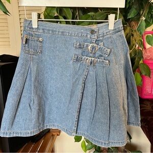 Revolt Denim Skater Skirt with Double Buckle Accents